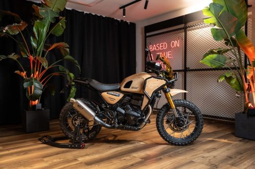 Triumph Scrambler 400 X Custom-Umbau Dune 400 von South Garage aus Italien – Rally-Look in Sandbeige mit Tankrucksackschutz, Windschild und Stollenreifen im Showroom mit Pflanzen