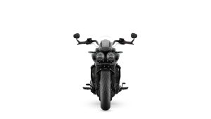 Triumph Rocket 3 Storm GT 2027 in Base Marine – Frontansicht vor weißem Studiohintergrund