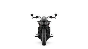 Triumph Rocket 3 Storm GT 2027 in Mineral Grey – Frontansicht vor weißem Studiohintergrund
