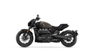 Triumph Rocket 3 Storm R 2027 in Ironstone und Storm Grey – Seitenansicht von links vor weißem Studiohintergrund