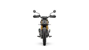 Triumph Scrambler 400 X 2027 in Matt Pewter Grey mit Matt Khaki Green – Frontansicht vor weißem Studiohintergrund