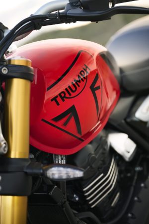 Triumph Speed 400 2027 – Detailansicht des Racing-Red-Tanks mit Triumph-Dreieck und goldener Gabel