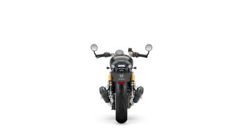 Triumph Speed Twin 1200 TFC 2027 – Heckansicht vor weißem Studiohintergrund, schwarze Lackierung Obsidian Gold mit goldener Antriebskette und Öhlins-Federbeinen