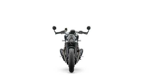 Triumph Speed Twin 1200 TFC 2027 – Frontansicht vor weißem Studiohintergrund mit rundem LED-Scheinwerfer, Clip-on-Lenker und Lenkerendspiegeln