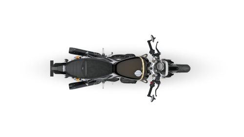 Triumph Speed Twin 1200 TFC 2027 – Draufsicht vor weißem Studiohintergrund mit Leder-Wildleder-Sitzbank, schwarzem Tank und goldenem Zierstreifen