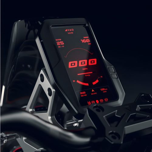Ultraviolette Shockwave – 5-Zoll-TFT-Farbdisplay im Hochformat im Ballistic-Modus, Nahaufnahme von schräg mit sichtbarem Aluminium-Halter und Lenker