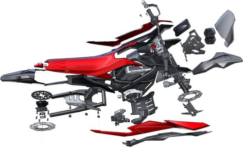 Ultraviolette Shockwave – Explosionszeichnung mit allen Einzelkomponenten: Verkleidungsteile in Rot, Rahmen, Schwinge, Monoshock, Batterie, PMSM-Motor, Räder, Bremsen und Navigationsturm