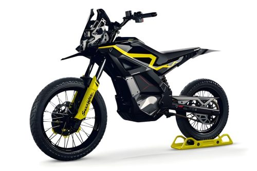Ultraviolette Shockwave – Rechte Seitenansicht in Cosmic Black mit gelben Akzenten, kompaktes elektrisches Dual-Sport-Motorrad