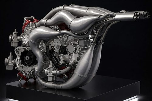 Veloce Aperion 2026 – X8-Achtzylinder-Zweitaktmotor Rendering rechte Seite mit lasergesinterten Resonanzauspuffkrümmern, roten Zylinderköpfen und acht Einzelvergasern auf schwarzem Hintergrund