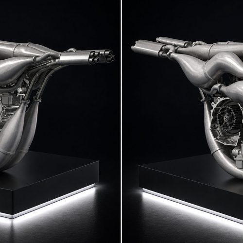 Veloce Aperion 2026 – X8-Motor Rendering Doppelansicht linke und rechte Seite mit lasergesinterten Expansionskammern und Getriebedetail auf beleuchtetem Sockel