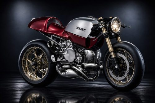 Veloce Ethereal 2026 – MCN-Pressefoto des L4-Vierzylinder-Zweitakt-Café-Racers mit poliertem Tank, rotem Sitz und kompaktem Antriebsstrang
