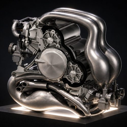 Veloce Ethereal 2026 – L4-Vierzylinder-Zweitaktmotor Rendering mit kompakten Expansionskammern, 145 PS bei 12.000 U/min, auf beleuchtetem Sockel