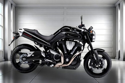 Yamaha MT-01 Original – Seitenansicht vor dem Umbau, serienmäßige schwarze Lackierung mit rotem Akzent, V-Twin-Motor, Standardverkleidung